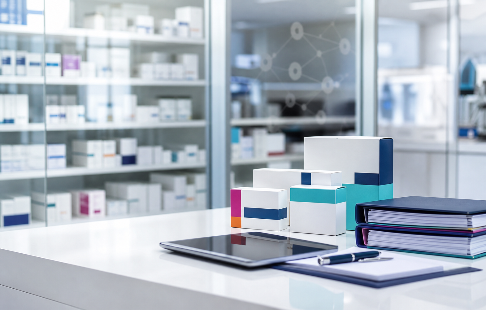 Envases farmacéuticos genéricos y documentación regulatoria en una oficina farmacéutica moderna.
